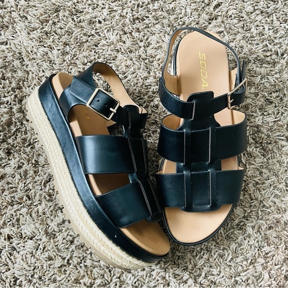 Soda woman’s espadrille platform sandal size 8 black tan casual strappy feminine - Picture 1 of 9